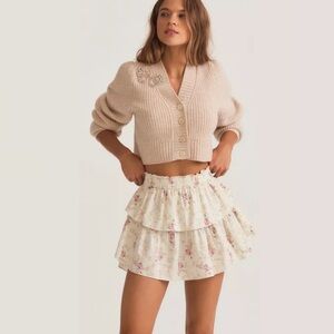 LoveShackFancy || Parasail Smocked Waist Tiered Mini Skirt Floral Ivory Medium